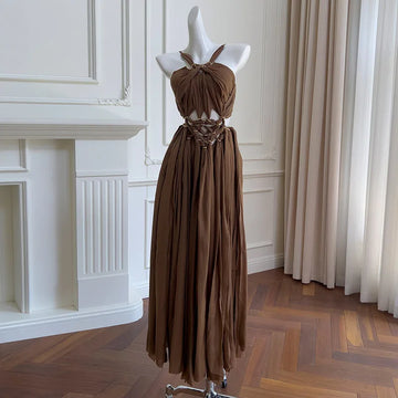 Xajzpa Fashion Women Dress Sleeveless Halter Solid Color Female Vacation Beach Party Dresses New Tide